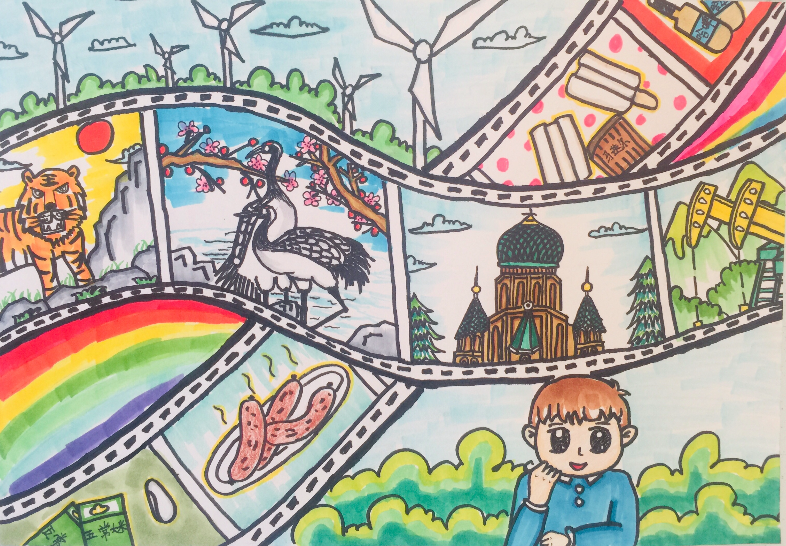 范师嘉 在家乡的冰雪和俄式建筑下 儿童组 绘画 《我爱家乡最美冰城