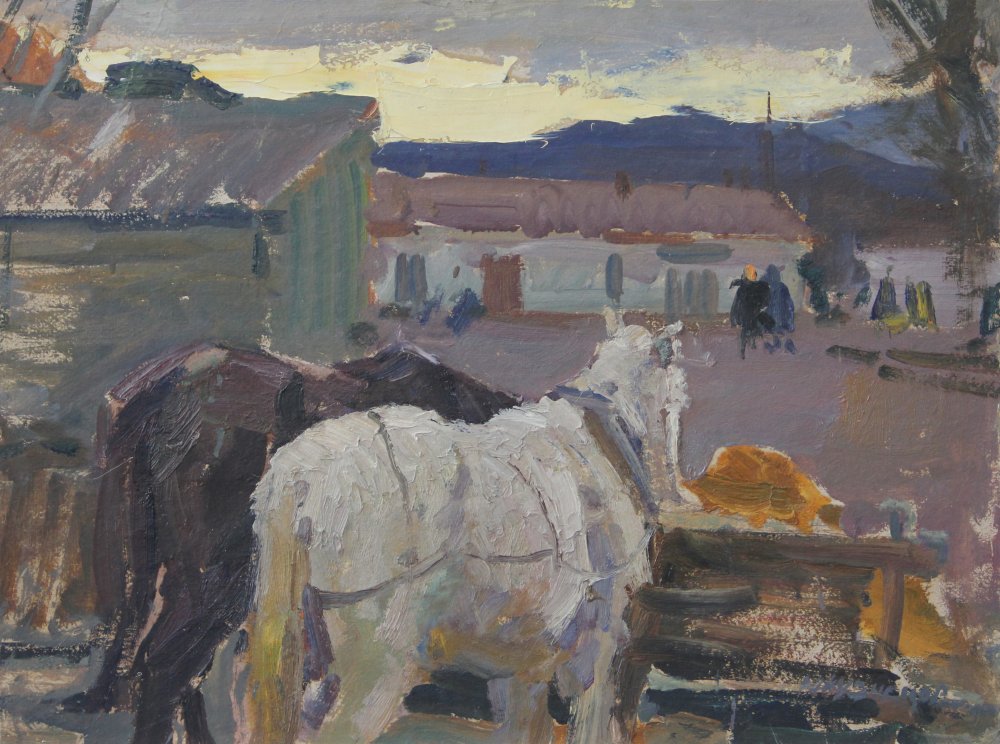 17、B316库兹涅措夫 尤里 米海洛维奇 《并驾齐驱》、1958年、油画纸板、49-65cm.JPG