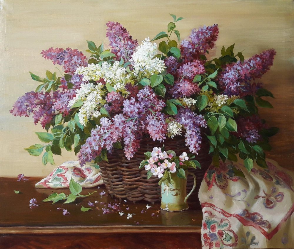 B98维克托•贝奇科夫 俄罗斯功勋画家 《清晨的丁香花 85х100cm, 布面油画 2020年  1500 $.jpg